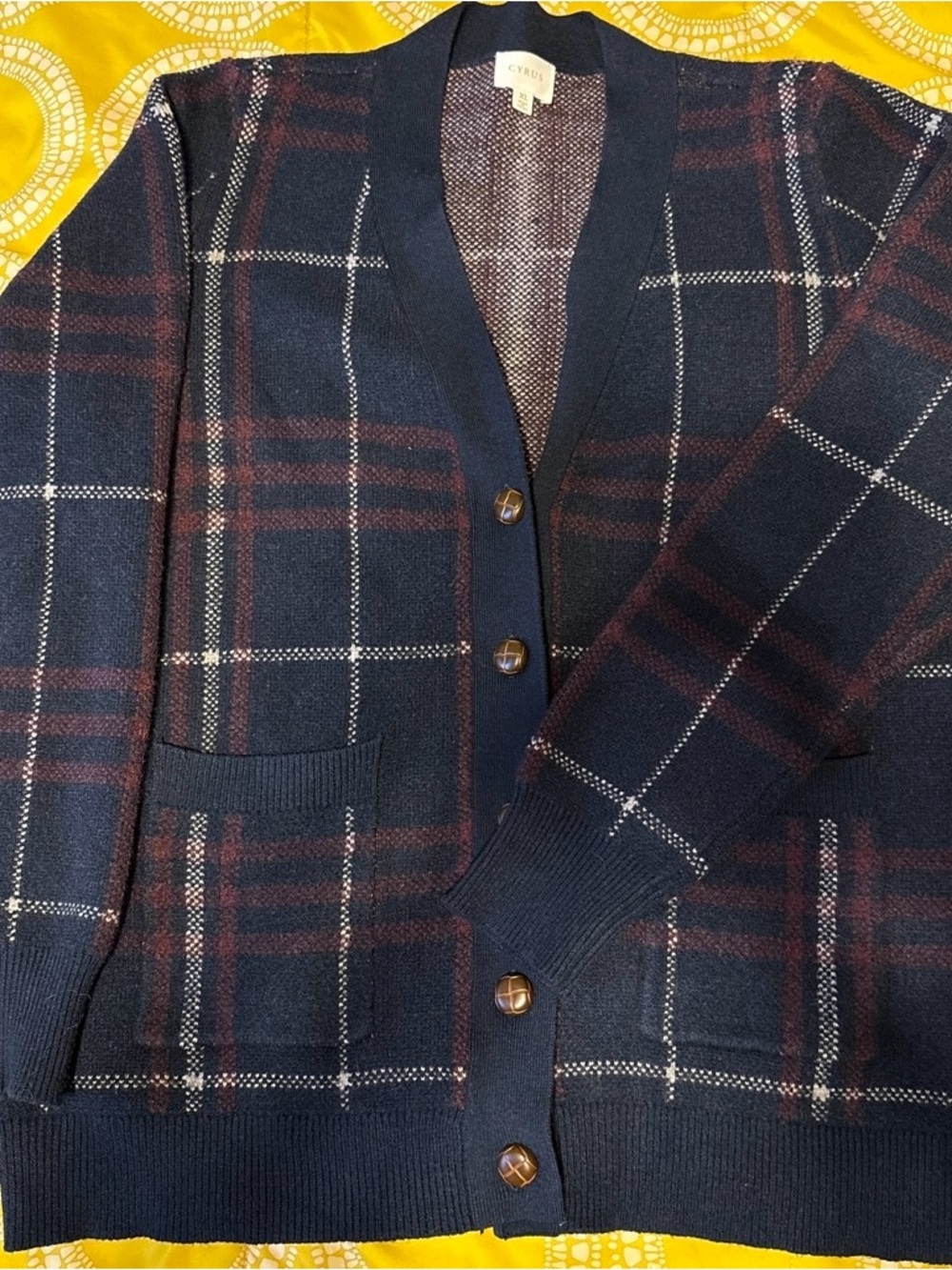 Cyrus Navy Plaid Cardigan Blazer with Burgundy & White Windowpane